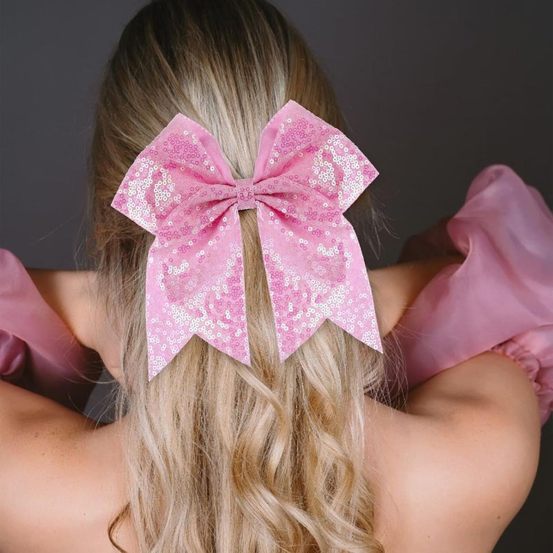 Zolyco Large Glitter Cheer Bows Clips, Jumbo Big 7 Inch Cheerleading Sequin Hair Bow Hair Accessories for Teens Girls Football Sports Cheerleader Outfit Uniform (Pink) - Image 2